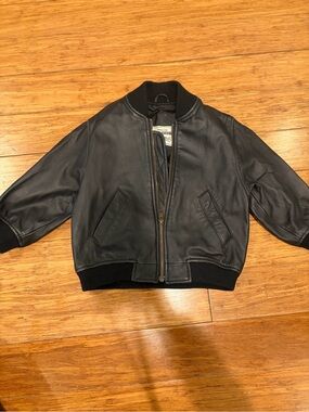 Kids Vintage Black Leather Bomber Jacket - Classic Zip Front SZ 2